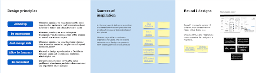 Overview of an MoJ project showing the design principles, inspiration taken from other services and the first set of designs