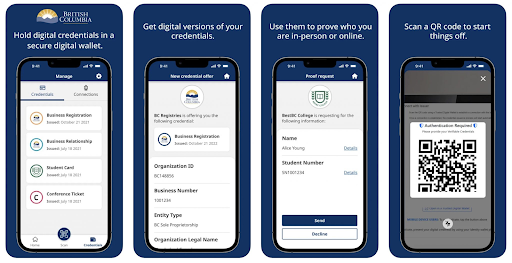 Screenshots of the BC Wallet, a smartphone app that lets you receive, store and present things like permits, identities, and licenses digitally