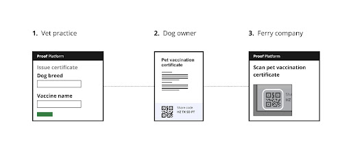 The manual process involved in sharing pet vaccination certificate data. And what the vet practice, dog owner and ferry company's roles.