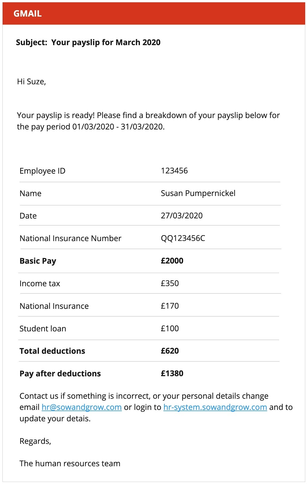 A payslip email that doesn't use a gender field