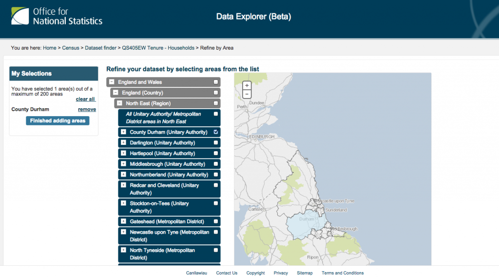 Selecting a region in the ONS Data Explorer