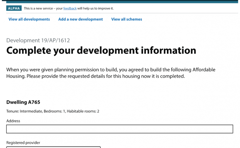 A screenshot of the step where developers add address information to completed homes in a development