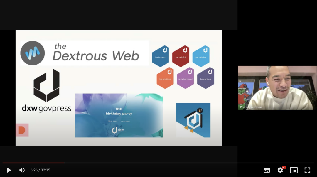 Screenshot of Poss Apostolou, dxw's Chief Operating Officer, delivering an online presentation about the company's history