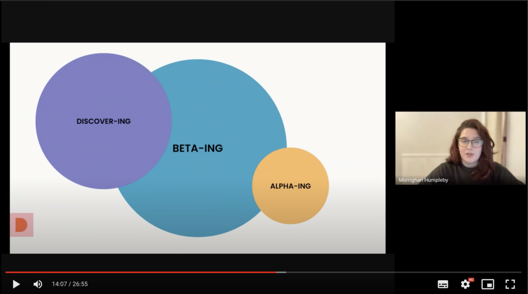 Screenshot of Morrighan Humpleby, a service designer, delivering an online presentation about running a mini solo discovery