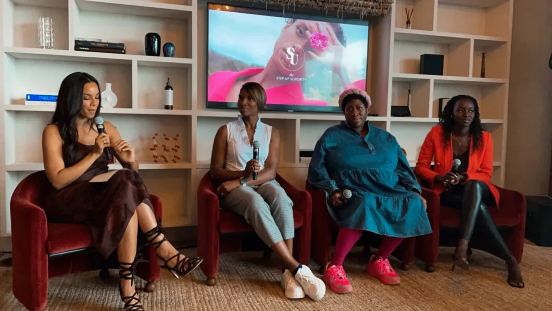 Rochelle Hume, Dame Denise Lewis, Ateh Jewell and Priscilla Abanu taking part in a panel discussion as part of the Sister Sorority's Melanated and Making it brunch at Soho House in London.