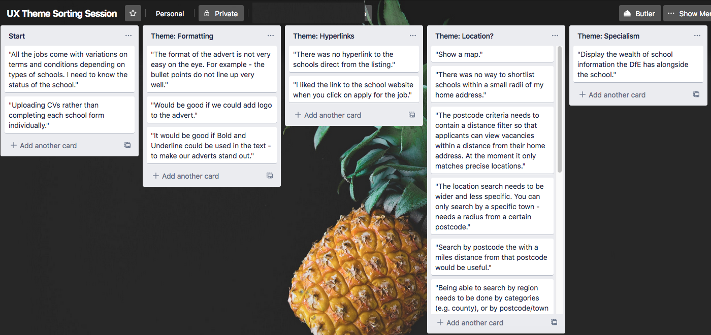 Trello being used to sort themes for affinity mapping