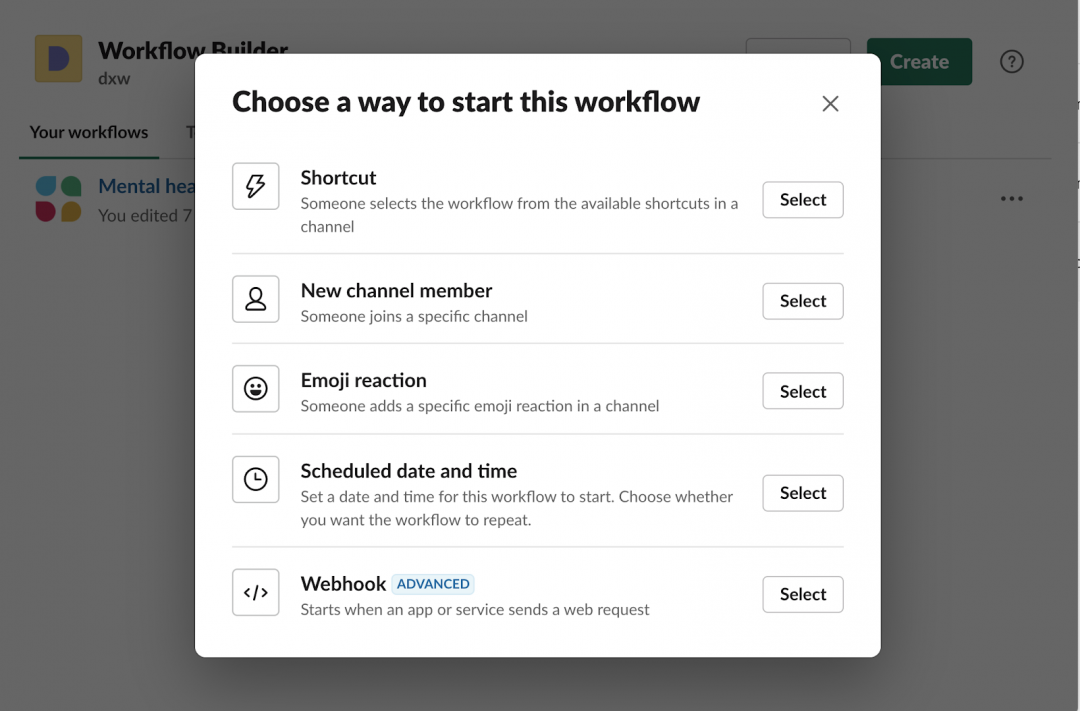 Slack's workflow builder trigger