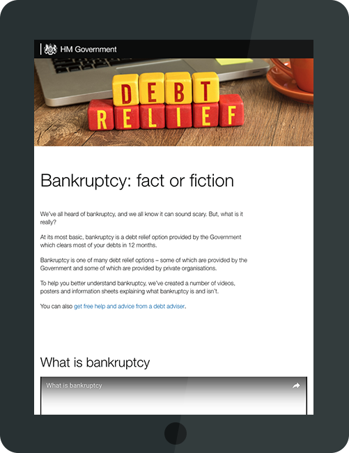 Bankruptcy campaign site on tablet