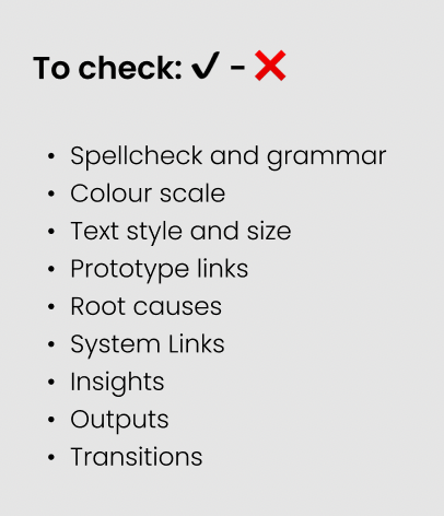 An example of a checklist listing things like spelling and grammar, prototype links, and transitions