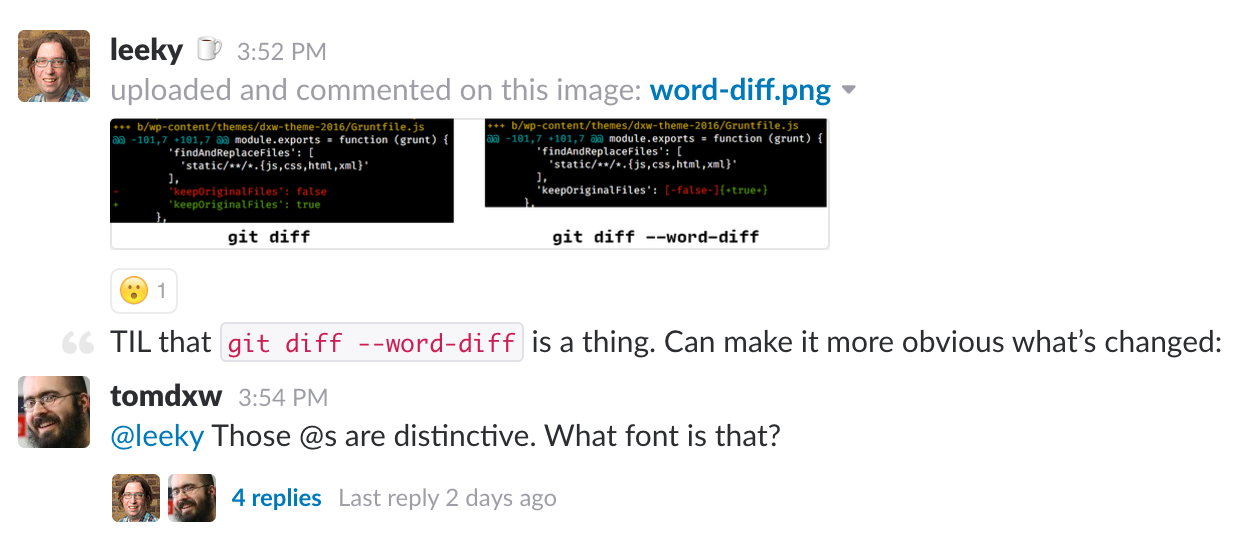 #todayilearned slack channel screenshot, git diff --word-diff