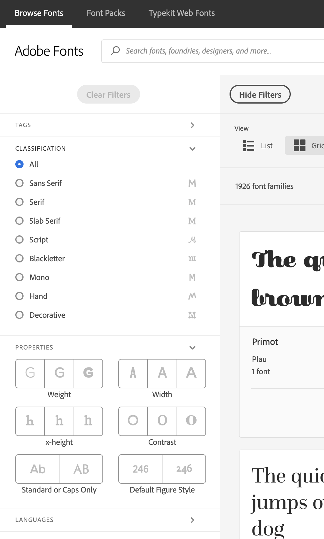 The filter on Adobe Fonts showing how fonts look by their weight, width, x-height, and so on