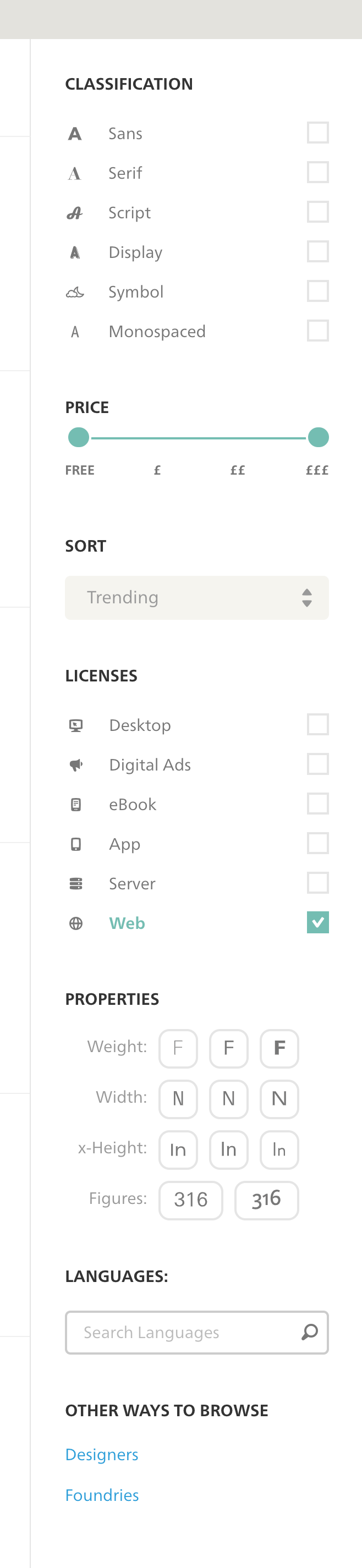 Filter on Fonts.com showing things like price, weight, width and so on