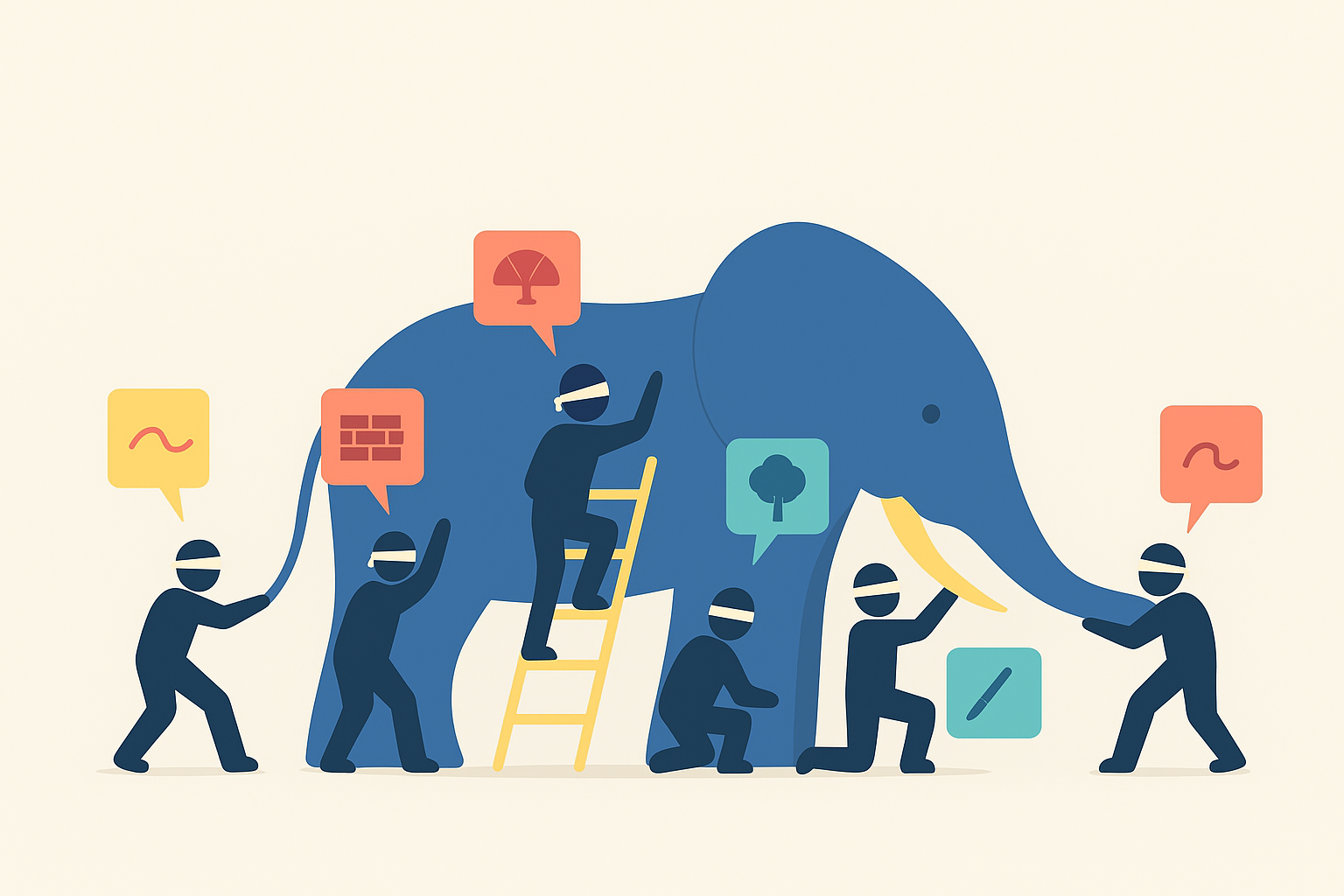 Image describes the parable of the blind men - created through chat GPT based on https://www.firstcry.com/intelli/articles/the-blind-men-and-the-elephant-story-with-moral-for-kids/?srsltid=AfmBOopQM-lU4KzFaoqSUgMVOCqeNXwQG5vBwhocajlU0pjxjFnktDBm