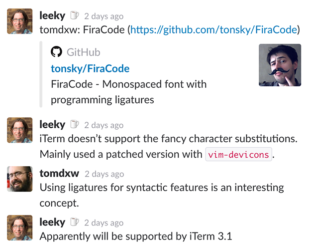 #todayilearned slack channel screenshot, FiraCode font conversation