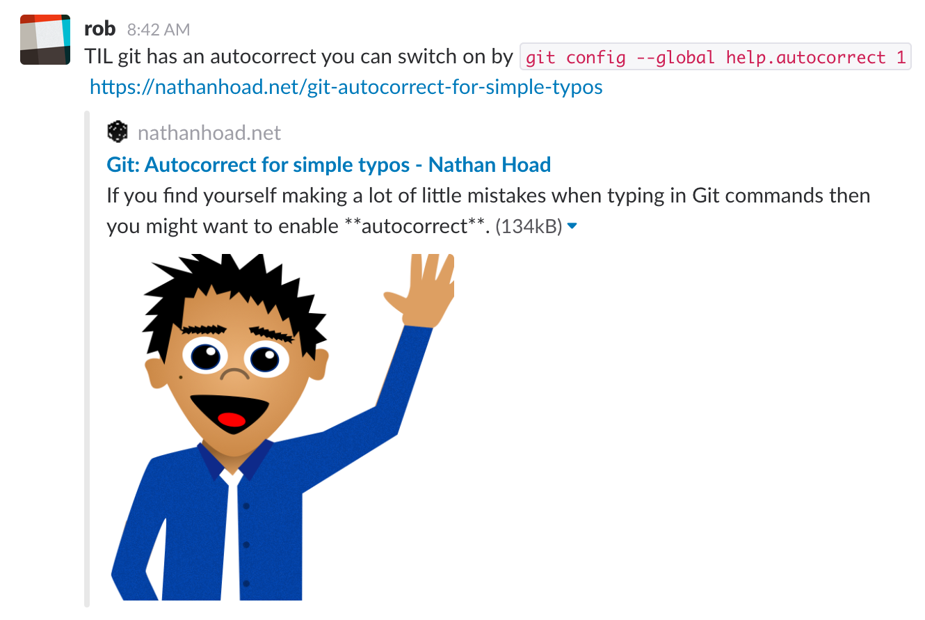 #todayilearned slack channel screenshot, git autocorrect