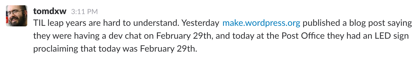 #todayilearned slack channel screenshot, leap years